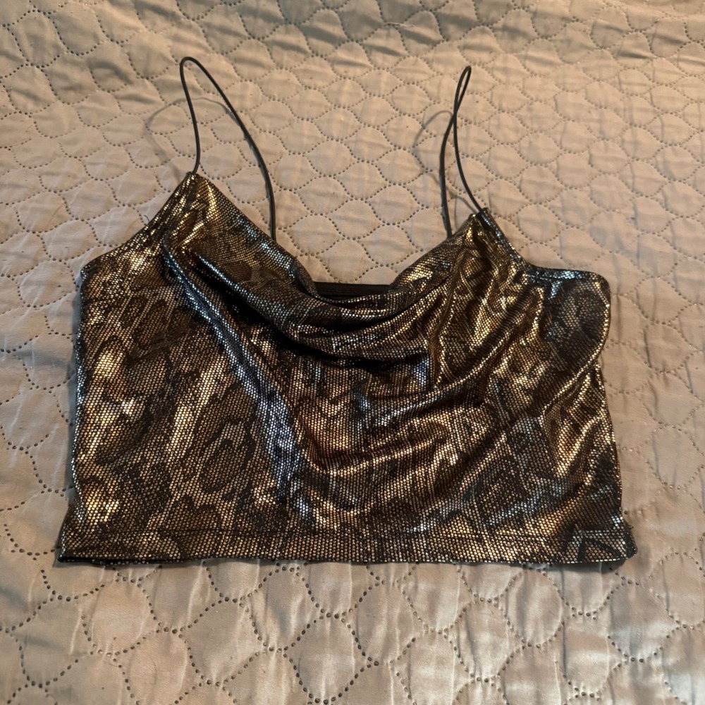 HM Divided Gold Snake Print Cowl Neck Metallic Crop Top XS Spaghetti Strap